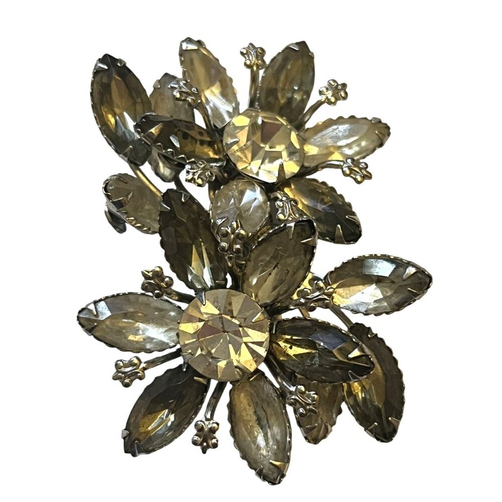 Clear Rhinestone Floral Brooch Pin Fleur de Lis Accents Vintage